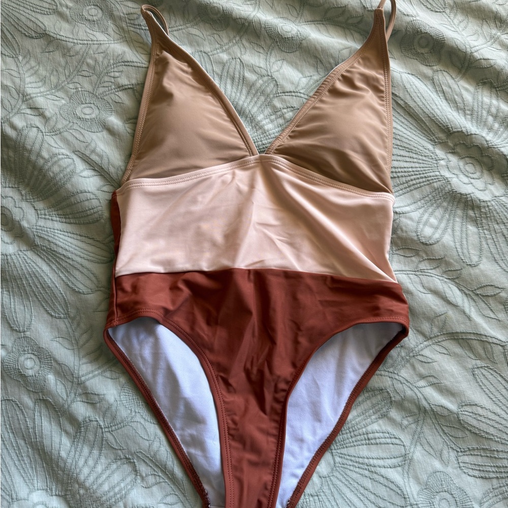 Stylish Women’s One Piece Swimsuit - Tan, Brown + Cream